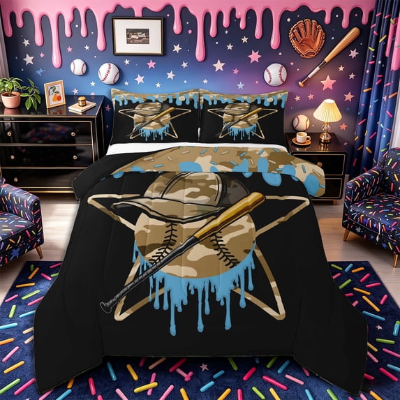 Castle Fairy Camo Baseball Hat Print King Size Comforter Sets 3pcs, Blue Ice Cream Drip Comforters King Size,Black Reversible,1 Comforter and 2 Pillowcases