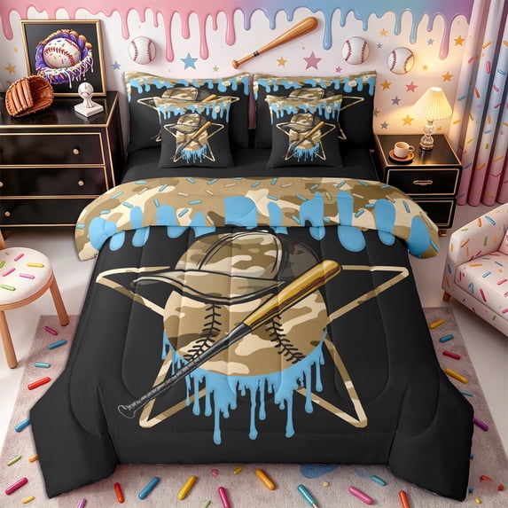 Castle Fairy Camo Baseball Hat Print Queen Bedding 7pcs, Blue Ice Cream Drip Bedding Comforter Set Queen,Black Reversible