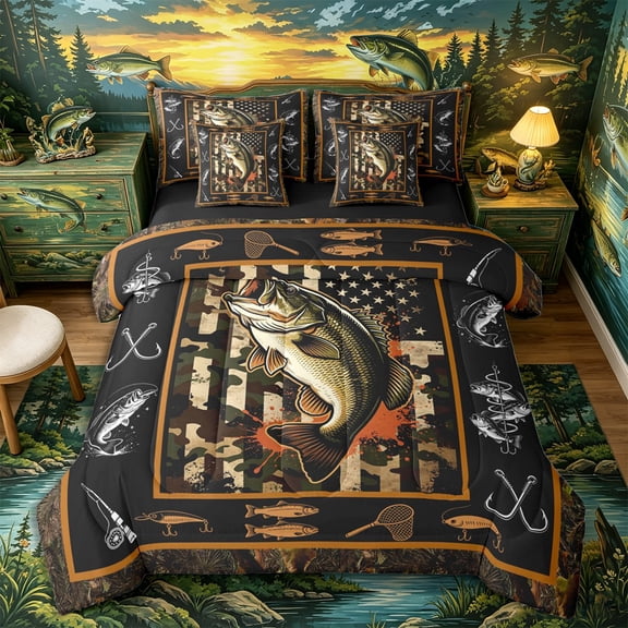 Castle Fairy Camo Bass Fishing Flag 7-Piece Twin Bedding,Tackle Hook Outdoor Hunting Layout Bedding Comforter Set,Green Black,Black Reversible