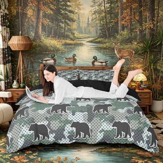 Castle Fairy Camo Bear Duvet Cover Queen,Polka Dots Queen Bedding,Pale Green,Black Reversible,3-Piece,No Comforter,1 Duvet Cover and 2 Pillowcases