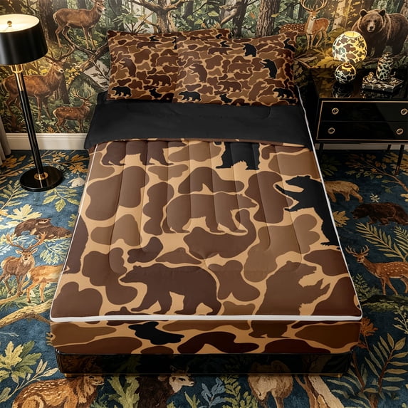 Castle Fairy Camo Bear Silhouette Zipper Twin Comforter Sets with Fitted Sheet and 2 Pillowcases,Vintage Camouflage Animal Zipper Bedding Set,Tan Dark Brown,Black Reversible,4-Piece