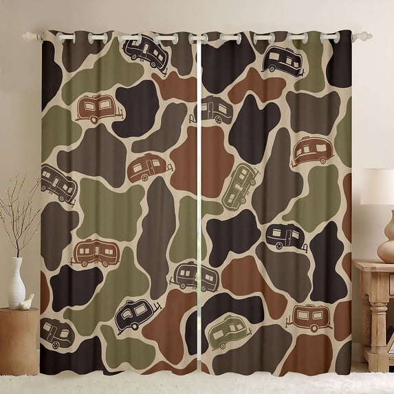 Castle Fairy Camo Camper Pattern Black Out Curtains for Adults, Camouflage Art Curtains Pack of 2 (42x63 Each) for Bedroom, Brown Green