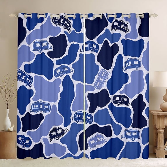 Castle Fairy Camo Camper Pattern Blackout Curtains Set of 2 (52x84 Each) for Boys, Camouflage Print Window Curtains for Bedroom, Blue Navy