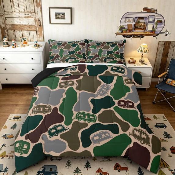 Castle Fairy Camo Camper Pattern Full Size Comforter Sets 3 Pieces for Kids, Camouflage Art Bedding Sets for Bedroom, Green Brown,Black Reversible