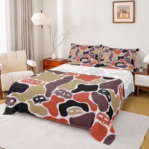 Castle Fairy Camo Camper Pattern Full Size Sheets 4-Piece for Teens, Camouflage Art Bed Sheets for Bedroom, Red Black