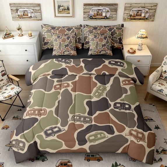 Castle Fairy Camo Camper Pattern Twin Bedding Sets 7-Piece for Adults, Camouflage Art Bedding Comforter Set for Bedroom, Brown Green,Black Reversible