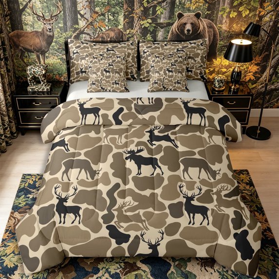 Castle Fairy Camo Deer Silhouette Full Size Bedding Sets 7 Pieces,Irregular Spot Base Full Size Bed in a Bag,Taupe Dark Brown,Grey Reversible