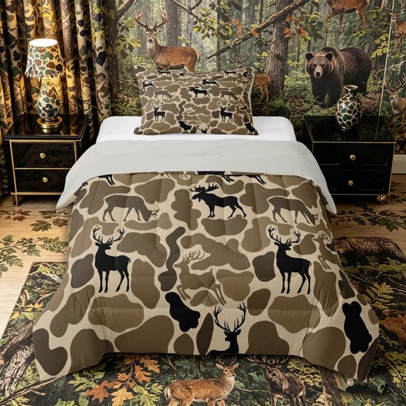 Castle Fairy Camo Deer Silhouette Twin Comforter Sets 2pcs,Irregular Spot Base Bedding Set,Taupe Dark Brown,Grey Reversible,1 Comforter and 1 Pillowcase
