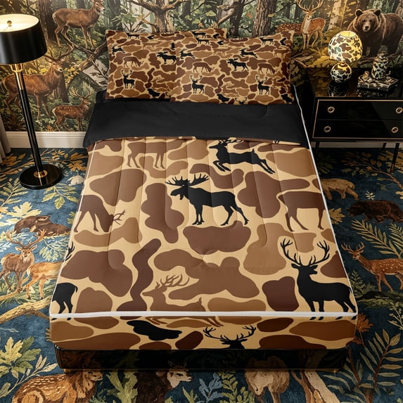 Castle Fairy Camo Deer Silhouette Zipper Twin Comforter Sets with Fitted Sheet and 2 Pillowcases,Rustic Camouflage Animal Zipper Bedding Set,Tan Dark Brown,Black Reversible,4-Piece
