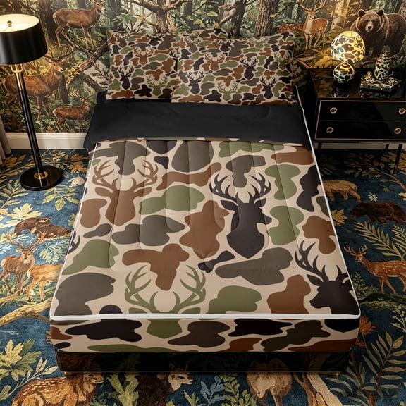 Castle Fairy Camo Deer Zipper Twin Comforter Sets with Fitted Sheet and 2 Pillowcases,Rustic Jungle Animal Zipper Bedding Set,Khaki Coffee Black,Black Reversible,4-Piece