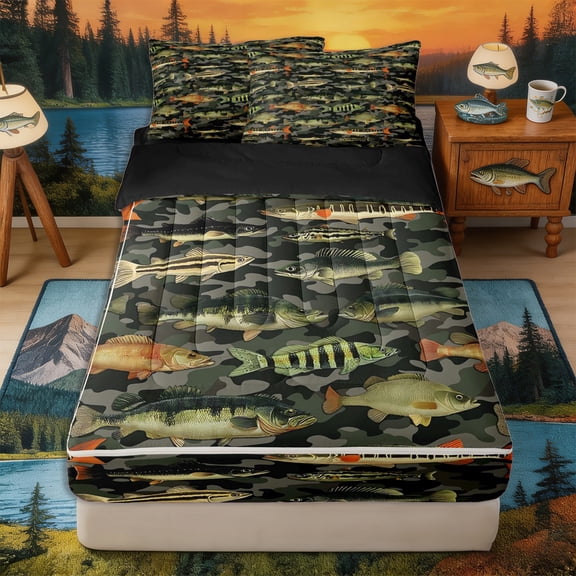 Castle Fairy Camo Fish Tile Zipper Twin Comforter Sets with Fitted Sheet and 2 Pillowcases,Freshwater Camo Print Zipper Bedding Set,Olive Camo,Black Reversible,4-Piece