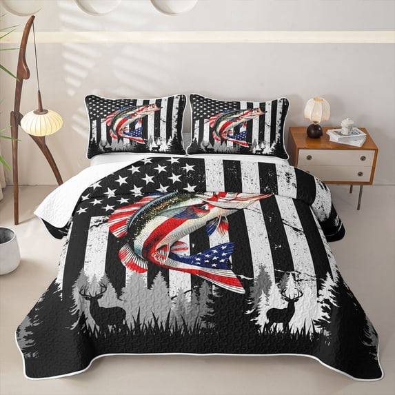 Castle Fairy Camo Flag Bass Deer Graphic Quilt Full,Forest Silhouette USA Striped Fish Art Full Bedspread Sets,Black Gray