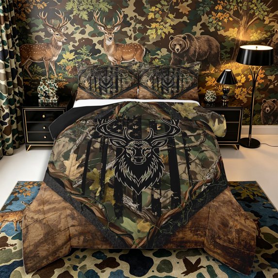 Castle Fairy Camo Flag Deer Queen Comforter Set 3 Pieces,Oak Vine Distressed Stars Comforter Sets Queen,Olive Black Brown,Black Reversible,1 Comforter and 2 Pillowcases