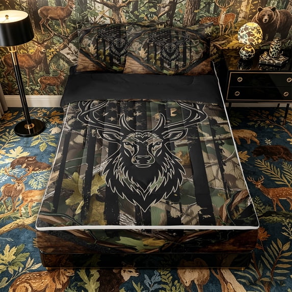Castle Fairy Camo Flag Deer Zipper Twin Comforter Sets with Fitted Sheet and 2 Pillowcases,Oak Vine Distressed Stars Zipper Bedding Set,Olive Black Brown,Black Reversible,4-Piece