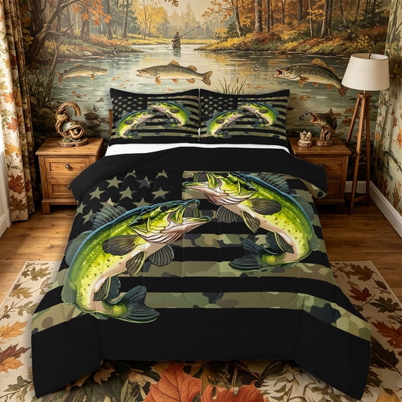 Castle Fairy Camo Flag Twin Bass King Size Comforter Sets 3pcs,Patriotic Fishing Wildlife Print Comforters King Size,Olive Black,Black Reversible,1 Comforter and 2 Pillowcases