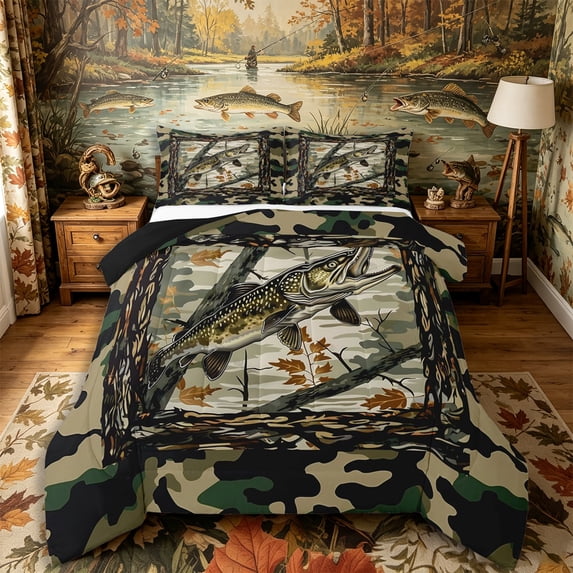 Castle Fairy Camo Frame Pike Fishing Graphic Full Size Comforter Sets 3-Piece,Autumn Leaf Wild Game Hunting Layout Bedding Comforter Set,Olive Tan,Black Reversible,1 Comforter and 2 Pillowcases