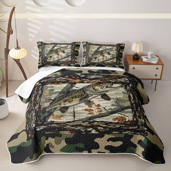 Castle Fairy Camo Frame Pike Fishing Graphic Twin Quilt Set,Autumn Leaf Wild Game Hunting Layout Twin Coverlet Set,Olive Tan
