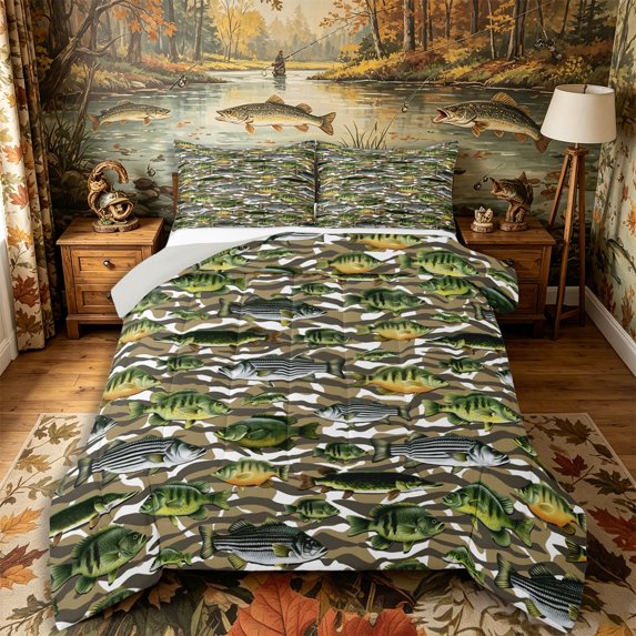 Castle Fairy Camo Freshwater Fish Tile Queen Comforter Set 3 Pieces,Mixed Bass Wood Camo Seamless Print Comforter Sets Queen,Taupe Brown,Grey Reversible,1 Comforter and 2 Pillowcases