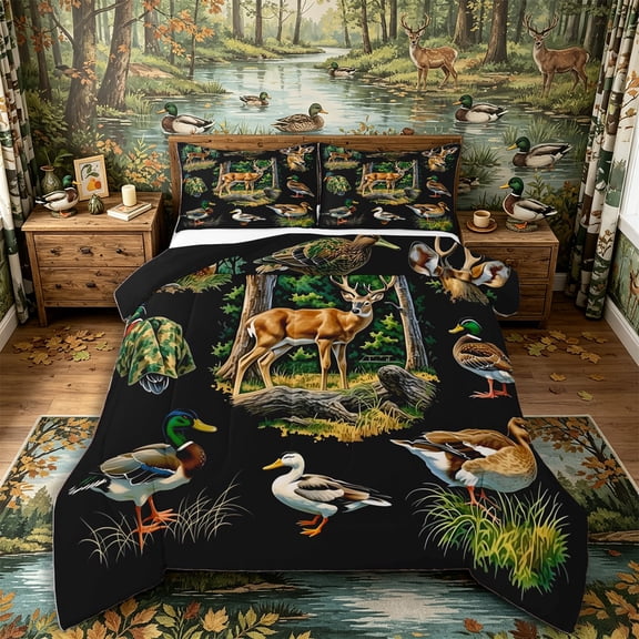 Castle Fairy Camo Mixed Wildlife Queen Comforter Set 3 Pieces,Spotted Deer Mallard Pine Comforter Sets Queen,Camo Black Green,Black Reversible,1 Comforter and 2 Pillowcases