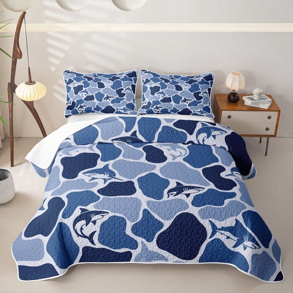 Castle Fairy Camo Shark Tile Quilt Full,Silhouette Shark Navy Blot Camo Seamless Print Full Bedspread Sets,Slate Blue