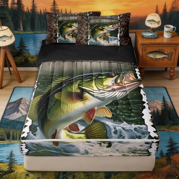 Castle Fairy Camo Split Bass Poster Zipper Twin Comforter Sets with Fitted Sheet and 2 Pillowcases,Gone Fishing Text Forest Camo Water Splash Layout Zipper Bedding Set,Reversible,4-Piece