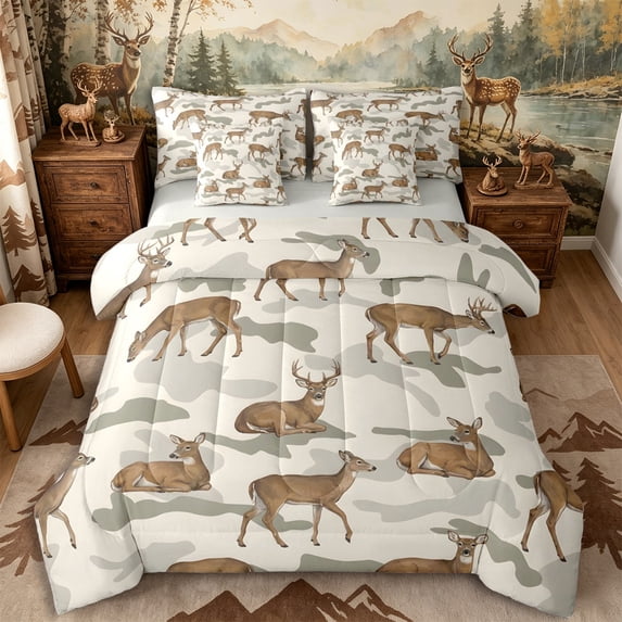 Castle Fairy Camo Whitetail Deer 7-Piece Twin Bedding for Teens,Abstract Camouflage Wildlife Bedding Comforter Set,Beige Green Brown,Grey Reversible
