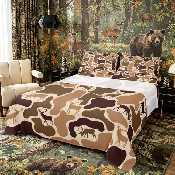 Castle Fairy Camo Wildlife Deer Queen Sheets 4 Pieces,Abstract Geometric Queen Sheet Sets,Tan Dark Coffee,1 Fitted Sheet, 1 Flat Sheet and 2 Pillowcases