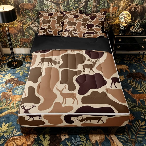 Castle Fairy Camo Wildlife Deer Zipper Queen Comforter Set with Fitted Sheet and 2 Pillowcases,Abstract Geometric Zipper Bedding Set,Tan Dark Coffee,Black Reversible,4 Pieces