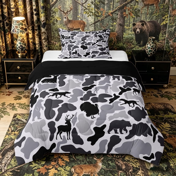 Castle Fairy Camo Wildlife Twin Comforter Sets 2pcs,Deer Bear Turkey Dog Bedding Set,Gray White Black,Black Reversible,1 Comforter and 1 Pillowcase