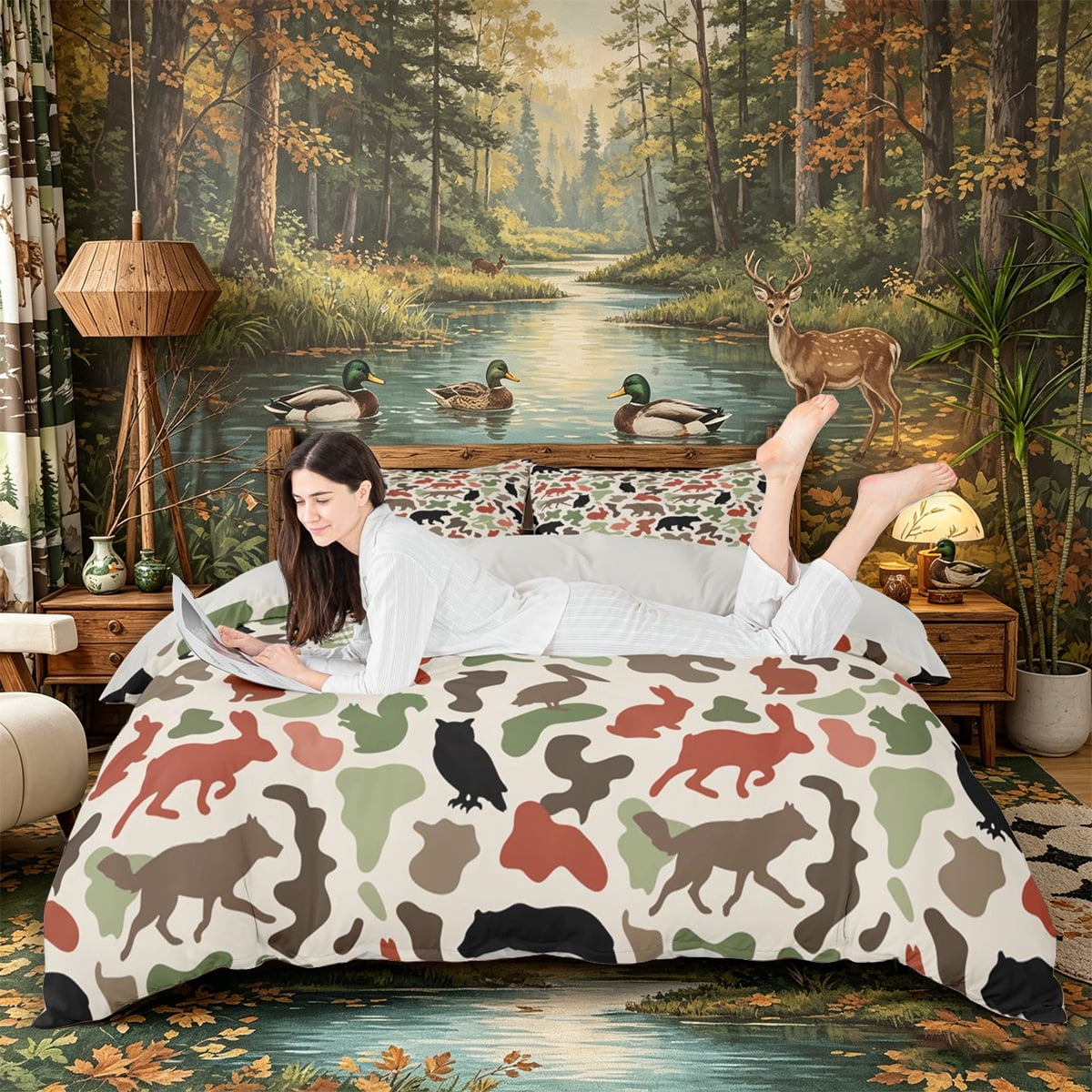 Castle Fairy Camo Woodland Animal Bedding,Wildlife Bear Wolf Owl Rabbit ...