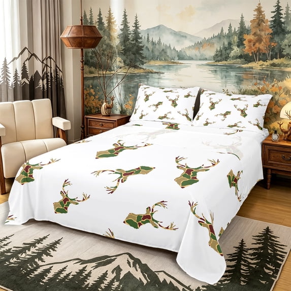 Castle Fairy Camo Woodland Deer Queen Sheets 4 Pieces,Vintage Camouflage Wildlife Queen Sheet Sets,Rust Olive,1 Fitted Sheet, 1 Flat Sheet and 2 Pillowcases