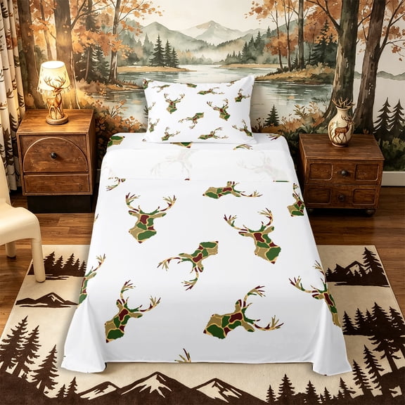 Castle Fairy Camo Woodland Deer Twin Sheets 3pcs,Vintage Camouflage Wildlife Bedding,Rust Olive,1 Fitted Sheet, 1 Flat Sheet and 1 Pillowcase