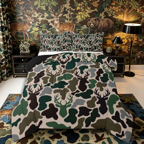 Castle Fairy Camouflage Deer Full Size Comforter Sets 3-Piece,Abstract Camo Animal Bedding Comforter Set,Olive Khaki Black,Black Reversible,1 Comforter and 2 Pillowcases