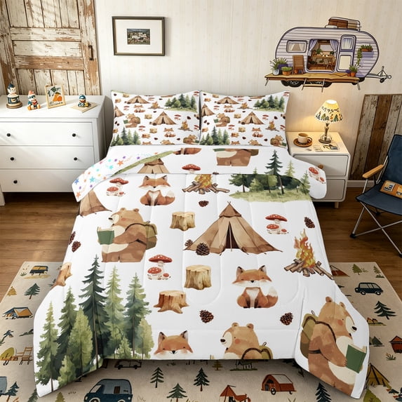 Castle Fairy Camping Animal Pattern Queen Comforter Set 3pcs for Kids, Forest Print Bedding Comforter Set for Bedroom, Green Beige
