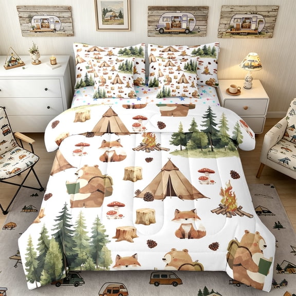Castle Fairy Camping Animal Pattern Twin Bedding Sets 7-Piece for Kids, Forest Print Bedding Comforter Set for Bedroom, Green Beige
