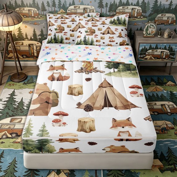 Castle Fairy Camping Animal Pattern Zipper Twin Comforter Sets with Fitted Sheet and 2 Pillowcases,Forest Print Zipper Bedding Set for Bedroom,Green Beige,4-Piece,Reversible