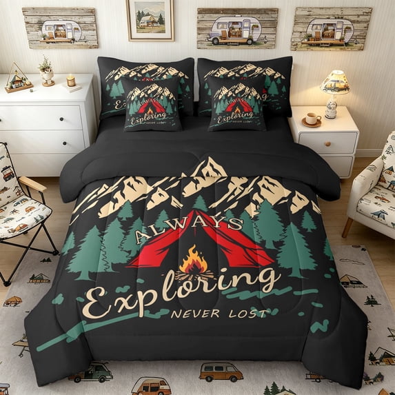 Castle Fairy Camping Graphic Bedding Comforter Set 7 Pieces for Teens, "Always Exploring" Print Full Bedding Set for Bedroom, Red Green,Black Reversible