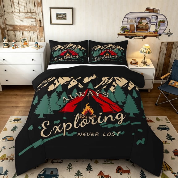 Castle Fairy Camping Graphic Queen Comforter Set 3pcs for Teens, "Always Exploring" Print Bedding Comforter Set for Bedroom, Red Green,Black Reversible