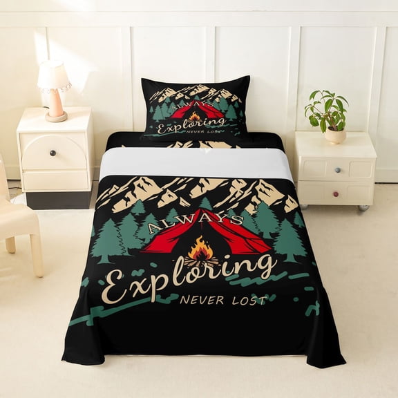 Castle Fairy Camping Graphic Twin Sheet Sets 3pcs for Teens, "Always Exploring" Print Bedding for Bedroom, Red Green
