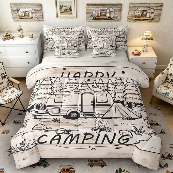 Castle Fairy Camping Line Art Bedding Comforter Set 7 Pieces for Kids, Happy Camping Full Bedding Set for Bedroom, Black White,Grey Reversible