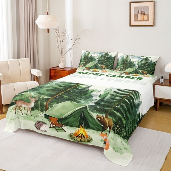 Castle Fairy Camping Scene Graphic Bed Sheets 4pcs for Teens, "Happy Camping" Art King Sheets for Bedroom, Green Brown