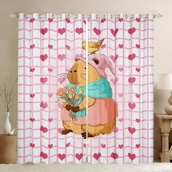 Castle Fairy Capybara Black Out Curtains,Pink Love Heart Curtains Pack of 2 (42x63 Each)