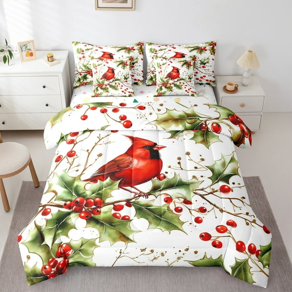 Castle Fairy Cardinal Bird 7-Piece Bedding Comforter Set for For Teens Girls Boys,Christmas Red Sparrows King Bedding Sets,Xmas Festival Theme Ultra Soft Bed Sheets,Super Cozy Room Decor