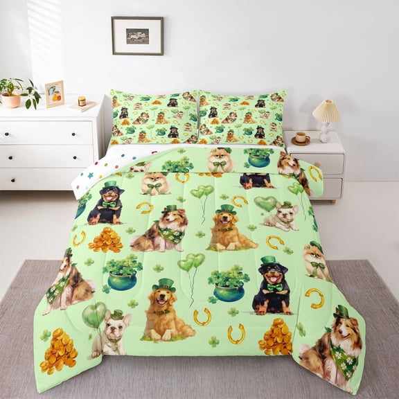 Castle Fairy Cartoon Animal Dogs Bedding Comforter Set 2pcs for Boys Girls,St. Patrick's Day Twin Comforter Sets Microfiber,Green Four Leaf Clover Breathable Bedding Set,Super Cozy Room Decor