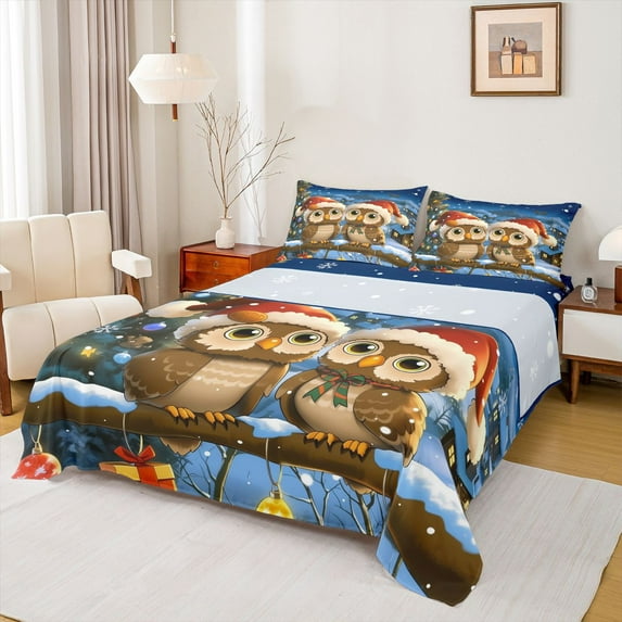 Castle Fairy Cartoon Animal Owl Boy Girl Full Size Sheets 4-Piece,Merry Christmas Breathable Bed Sheets,Happy New Year Lightweight Sheet Sets,Luxury Bedroom Decor