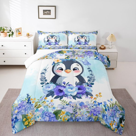 Castle Fairy Cartoon Animal Penguin 3 Pieces Queen Comforter Set for Preppy Child,Chic Blue Purple Floral Flowers Ultra Soft Bedding Sets,Spring Garden Bedding Comforter Set Breathable
