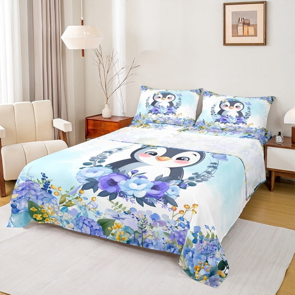 Castle Fairy Cartoon Animal Penguin 4pcs Bed Sheets for Preppy Child,Chic Blue Purple Floral Flowers King Sheets,Spring Garden Super Cozy Sheet Set,Super Cozy Room Decor