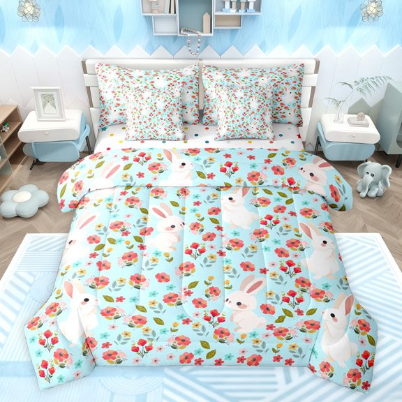 Castle Fairy Cartoon Animal Rabbit Twin Bedding Sets 7-Piece for Preppy Child Kids,Kawaii Red Blue Flowers Bedding Comforter Set Microfiber,Spring Garden Breathable Sheet Sets,Breathable Home Decor