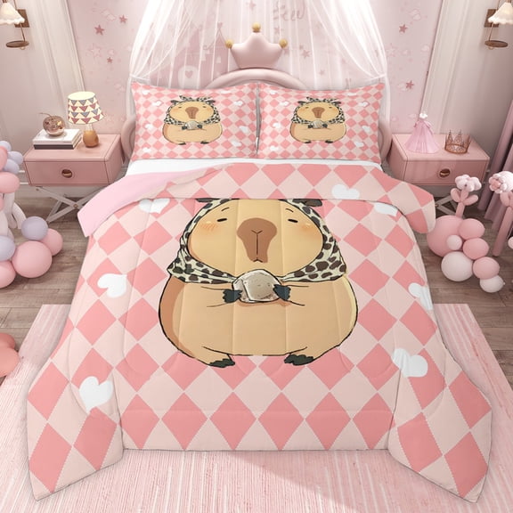 Castle Fairy Cartoon Animal Twin Comforter Sets for Children,Geometric Plaid Bedding Set
