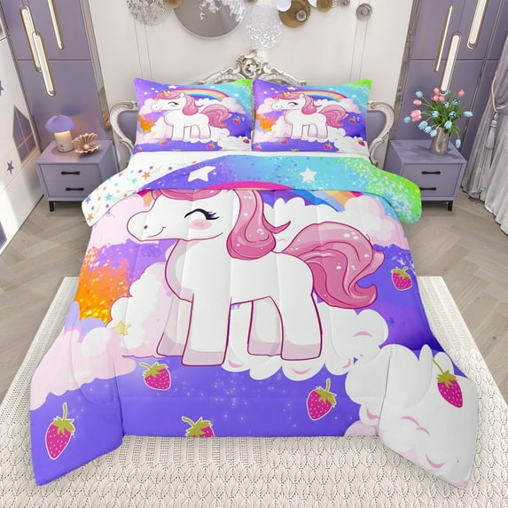 Castle Fairy 2-Piece Twin Size Comforter Set, Unicorn And Strawberry Rainbow Print